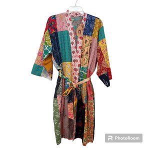 Art Studio Company Patchwork Batik Multi Print Sari Kimono Cotton Robe Long NWT
